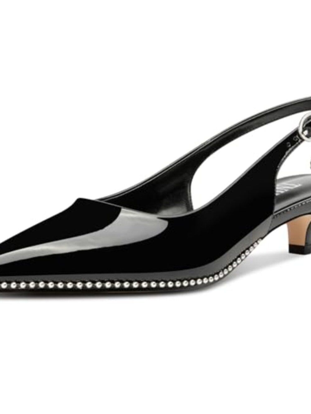 Women's Low Kitten Heel Slingback Pumps Pointed Toe Patent Leather Beaded Buckle